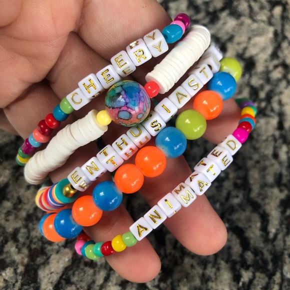 Heishi bead rubber rainbow set stack bracelet love cherry happy happiness gift - Picture 4 of 7